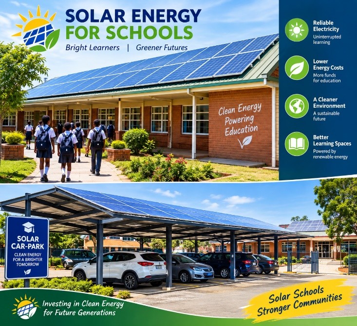 Solar energy for schools: solar panels on a school roof and a solar car-park